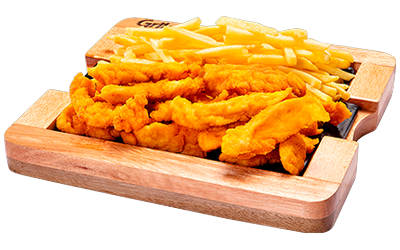 Tábua de Iscas de Frango Empanado e Fritas